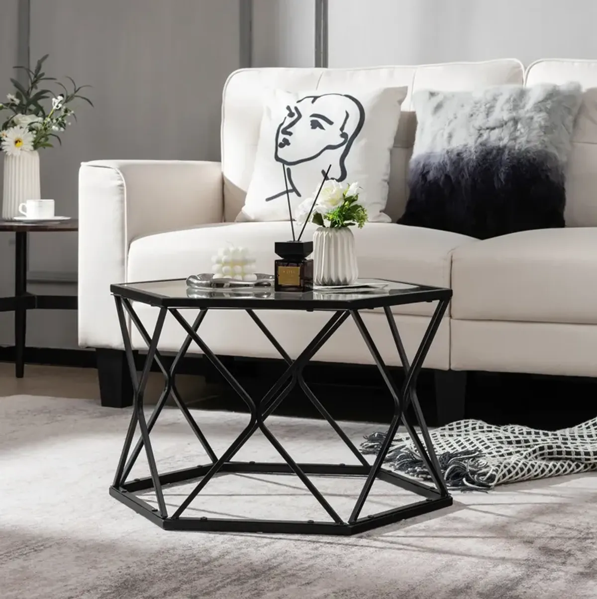 Modern Accent Geometric Glass Coffee Table-Black