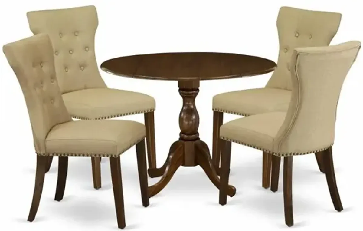 East West Furniture 5 Piece Wood Dining Table Set Contains 1 Drop Leaves Dining Table and 4 Brown Linen Fabric Kitchen Chair Button Tufted Back with Nail Heads - Acacia Walnut Finish