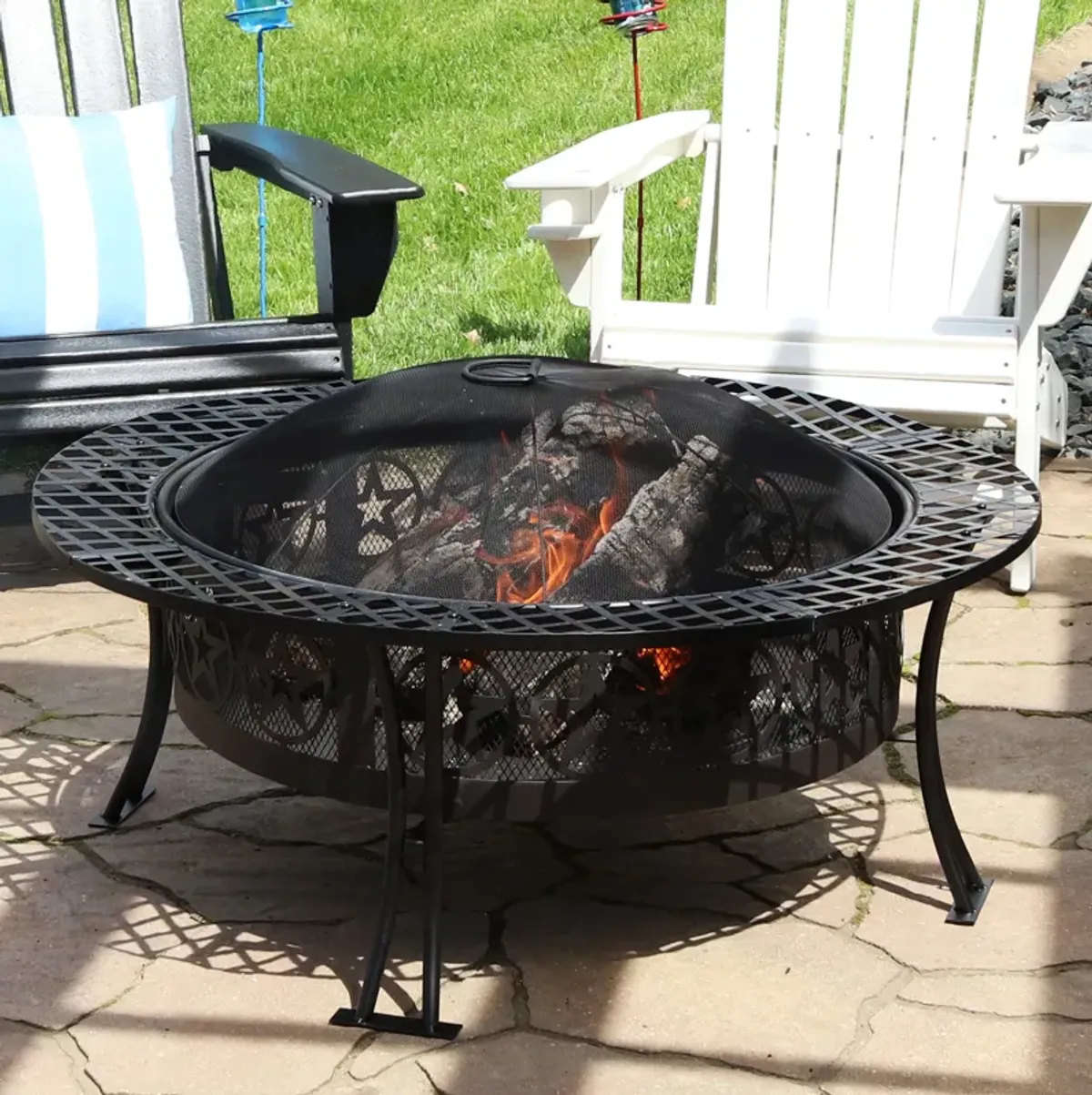 Sunnydaze 40 in Four Star Steel Fire Pit with Spark Screen and Poker