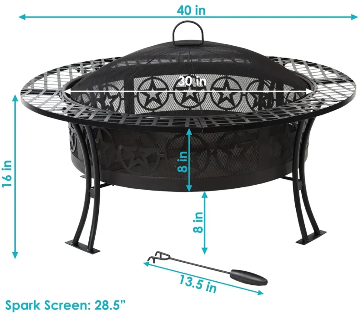 Sunnydaze 40 in Four Star Steel Fire Pit with Spark Screen and Poker