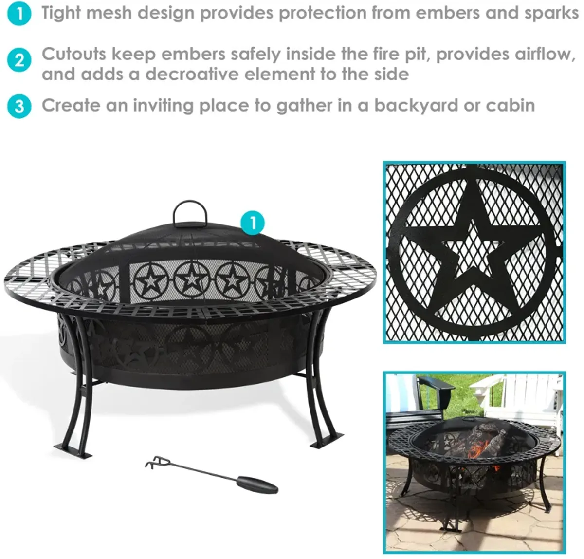 Sunnydaze 40 in Four Star Steel Fire Pit with Spark Screen and Poker