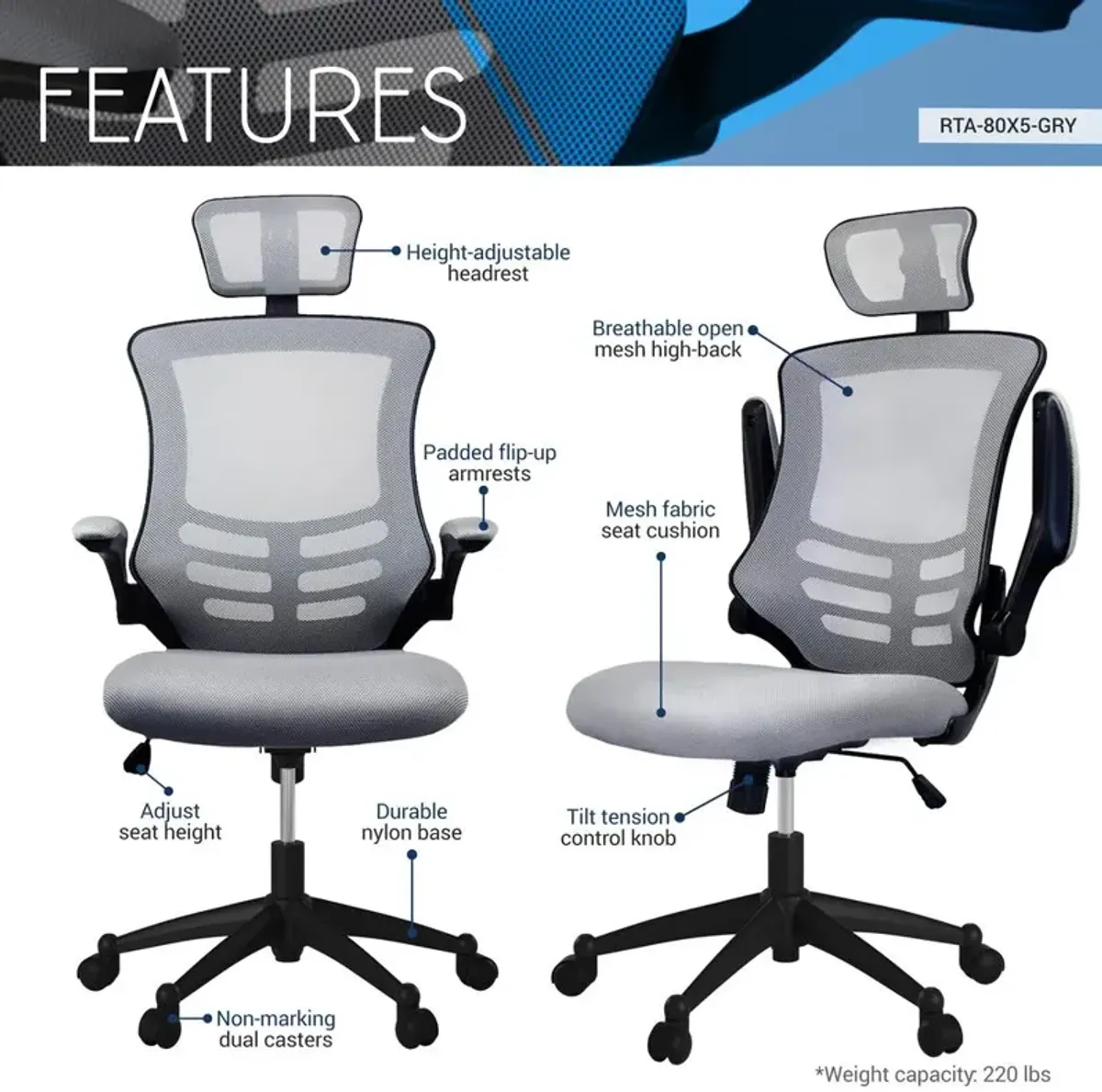 Techni Mobili Modern High-Back Mesh Executive office Chair With Headrest And Flip Up Arms. Color: Silver Grey