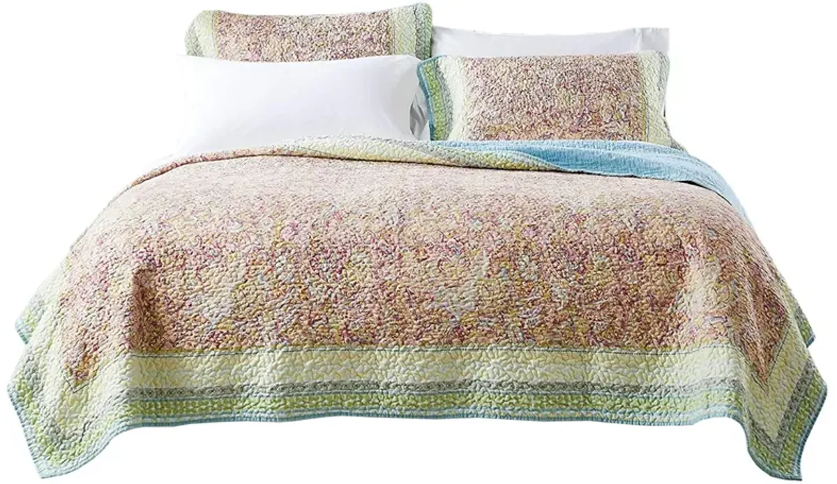 Denver 3 Piece King Cotton Quilt Set with Fern Branches Print, Multicolor - Benzara