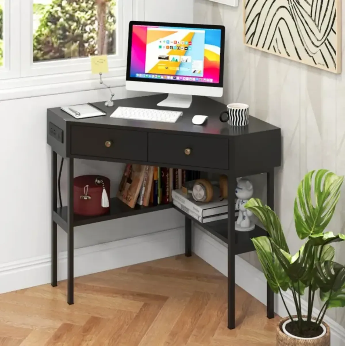 Hivvago Triangle Corner Desk with Charging Station with 2 Drawers and Storage Shelf