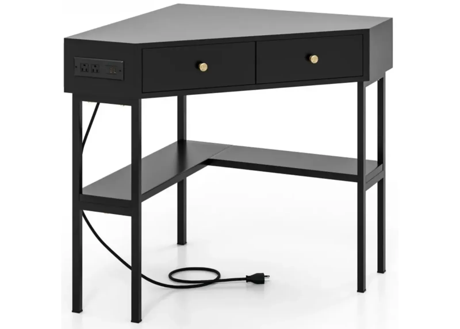 Hivvago Triangle Corner Desk with Charging Station with 2 Drawers and Storage Shelf