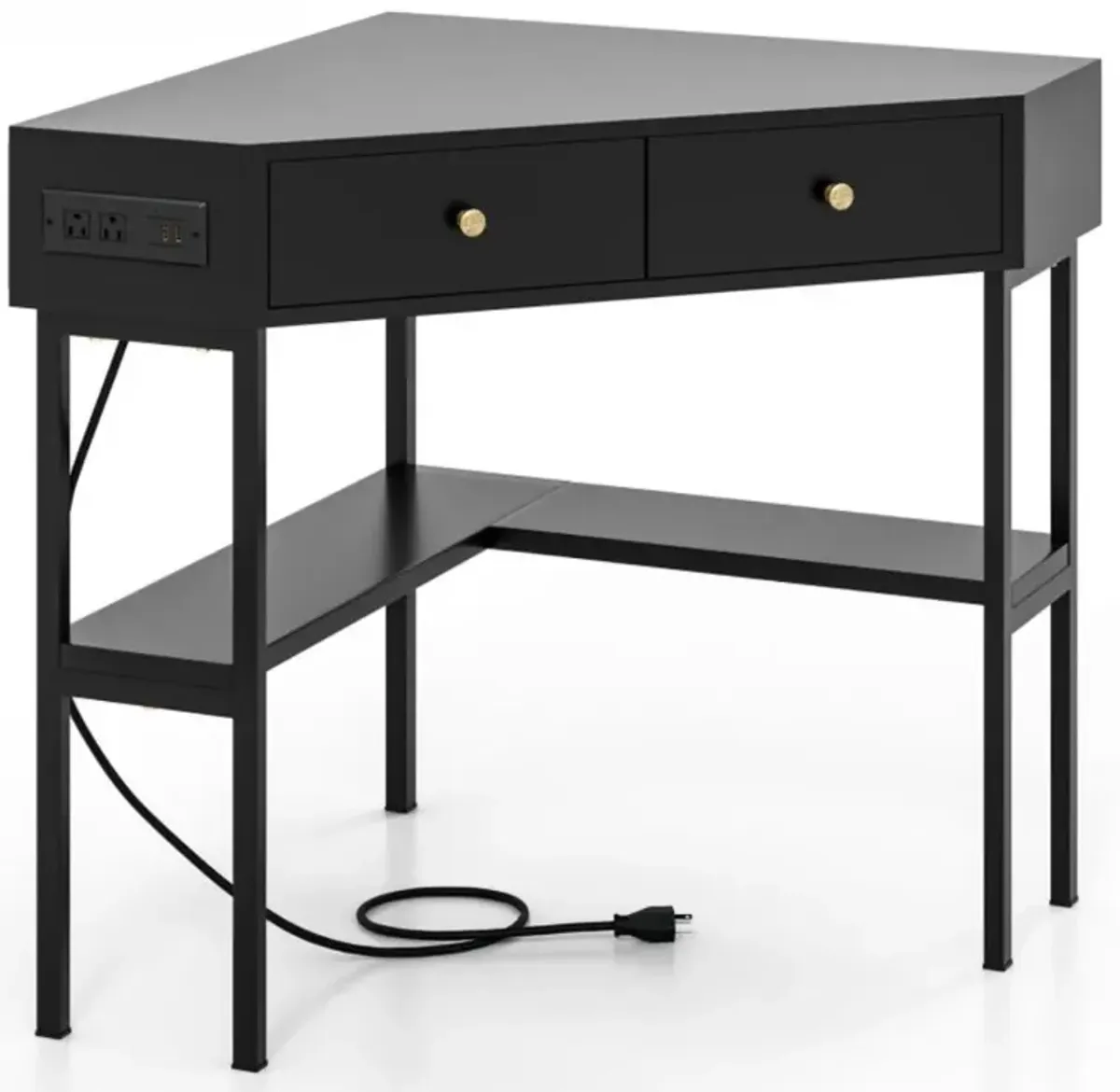 Hivvago Triangle Corner Desk with Charging Station with 2 Drawers and Storage Shelf