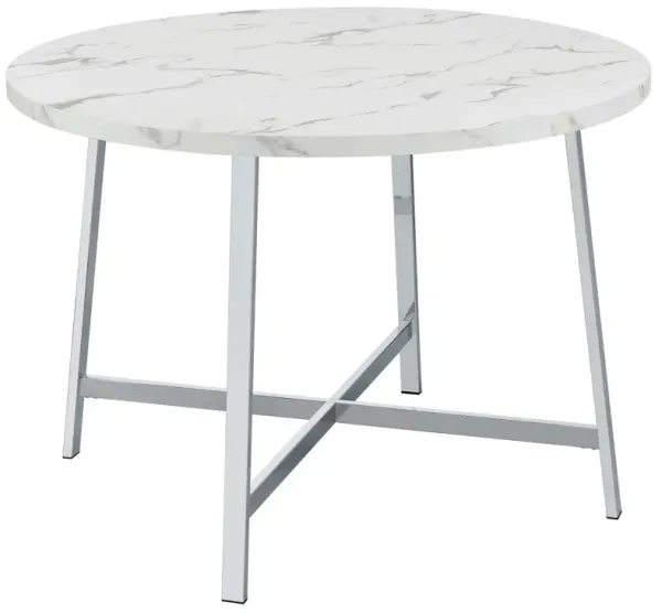 45 Inch Dining Table, Faux Carrara Round Marble Top, Chrome Metal Legs - Benzara