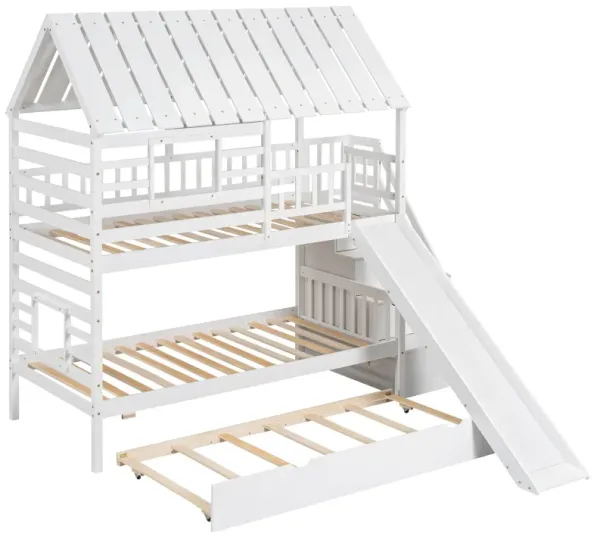 Whisen Twin over Twin House Bunk Bed with Trundle and Slide, Storage Staircase, Roof and Window Design - Gray