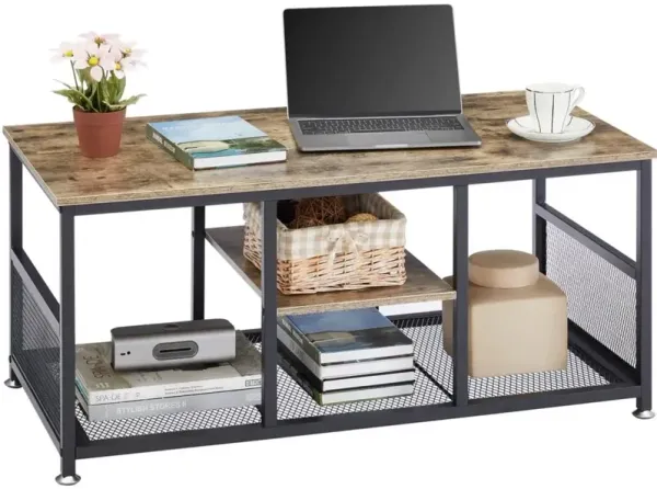 Industrial Modern Coffee Table with Metal Frame and Wood Shelving Storage