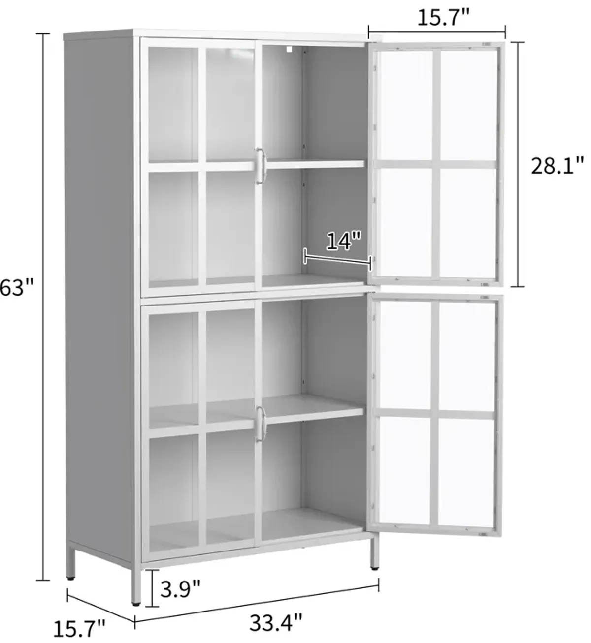 Premium White Metal Storage Cabinet with Tempered Glass Doors, Adjustable Shelves, Anti-Tipping Device, Magnetic Silent Closure, and Adjustable Feet for Home and Office Use