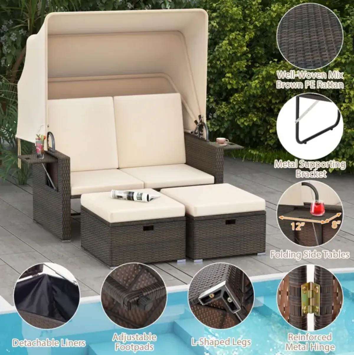 Hivvago Outdoor Patio Rattan Daybed with Retractable Canopy and Adjustable Backrests