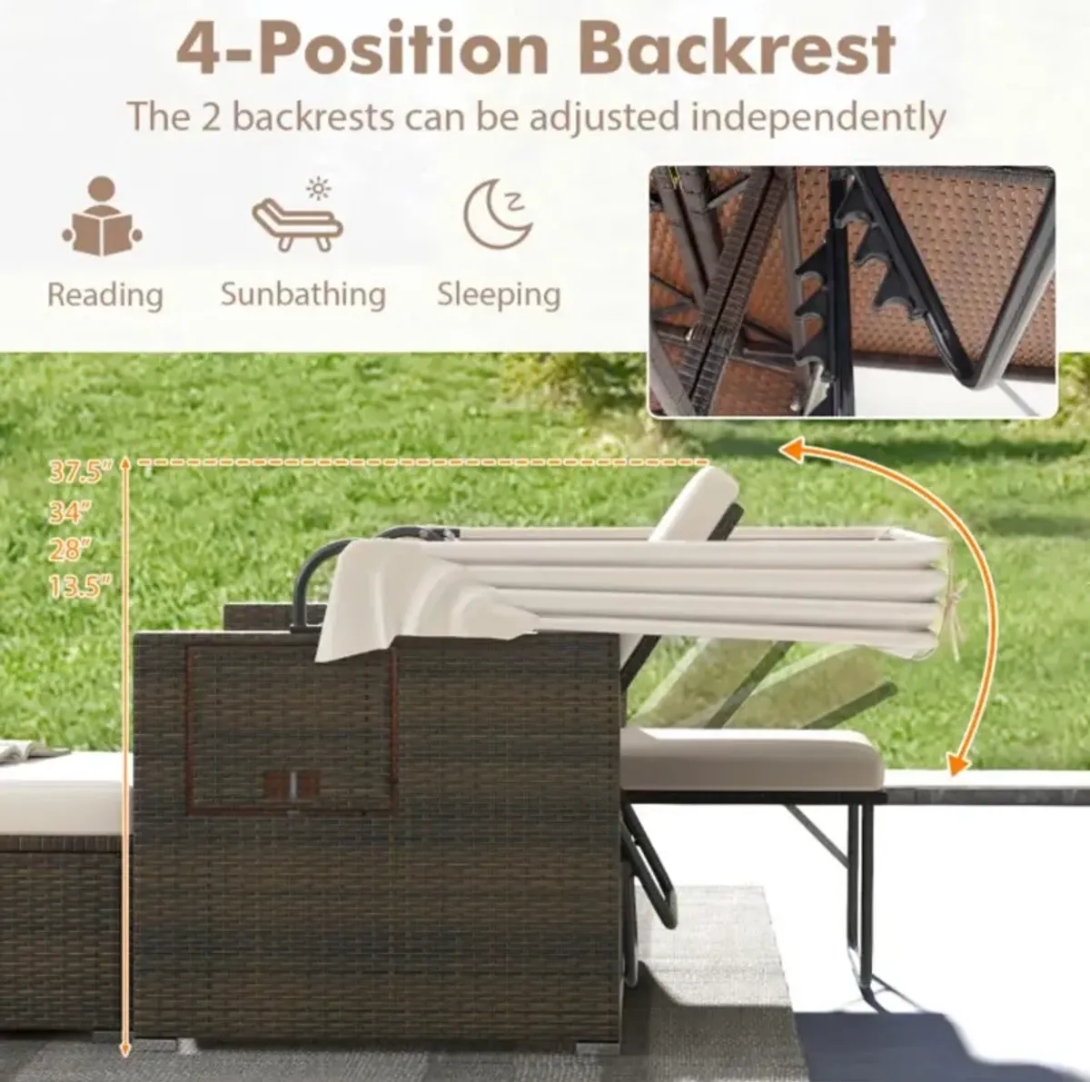 Hivvago Outdoor Patio Rattan Daybed with Retractable Canopy and Adjustable Backrests