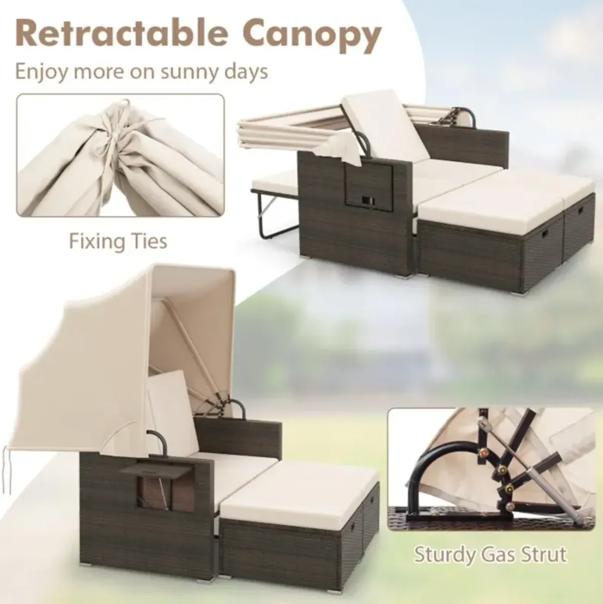 Hivvago Outdoor Patio Rattan Daybed with Retractable Canopy and Adjustable Backrests