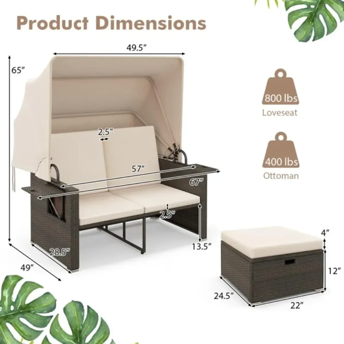 Hivvago Outdoor Patio Rattan Daybed with Retractable Canopy and Adjustable Backrests