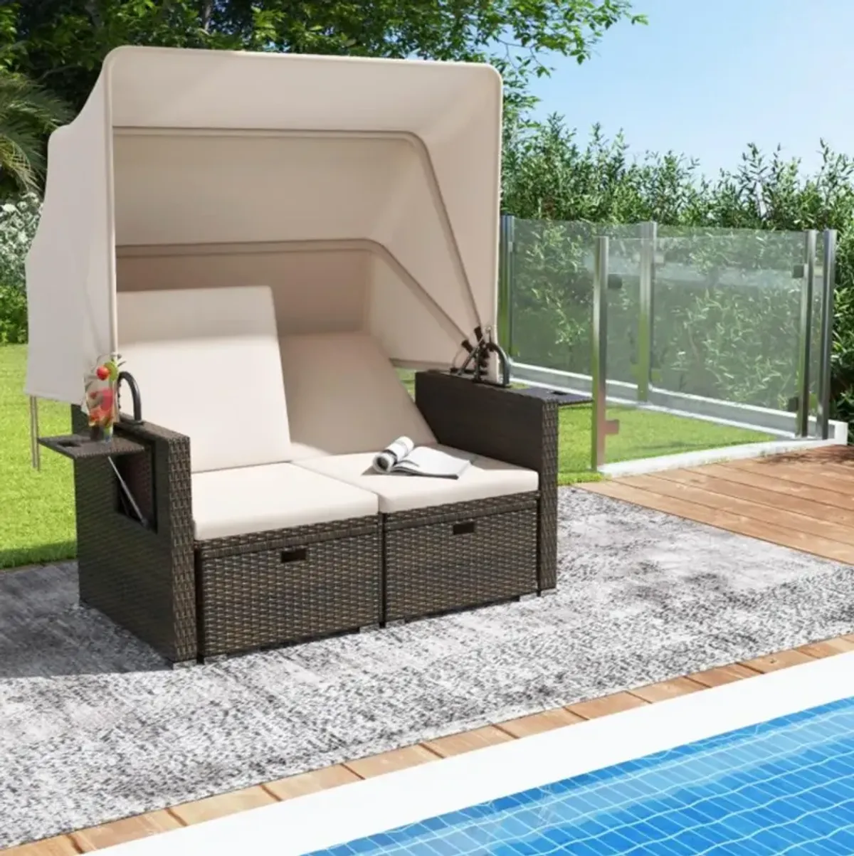 Hivvago Outdoor Patio Rattan Daybed with Retractable Canopy and Adjustable Backrests