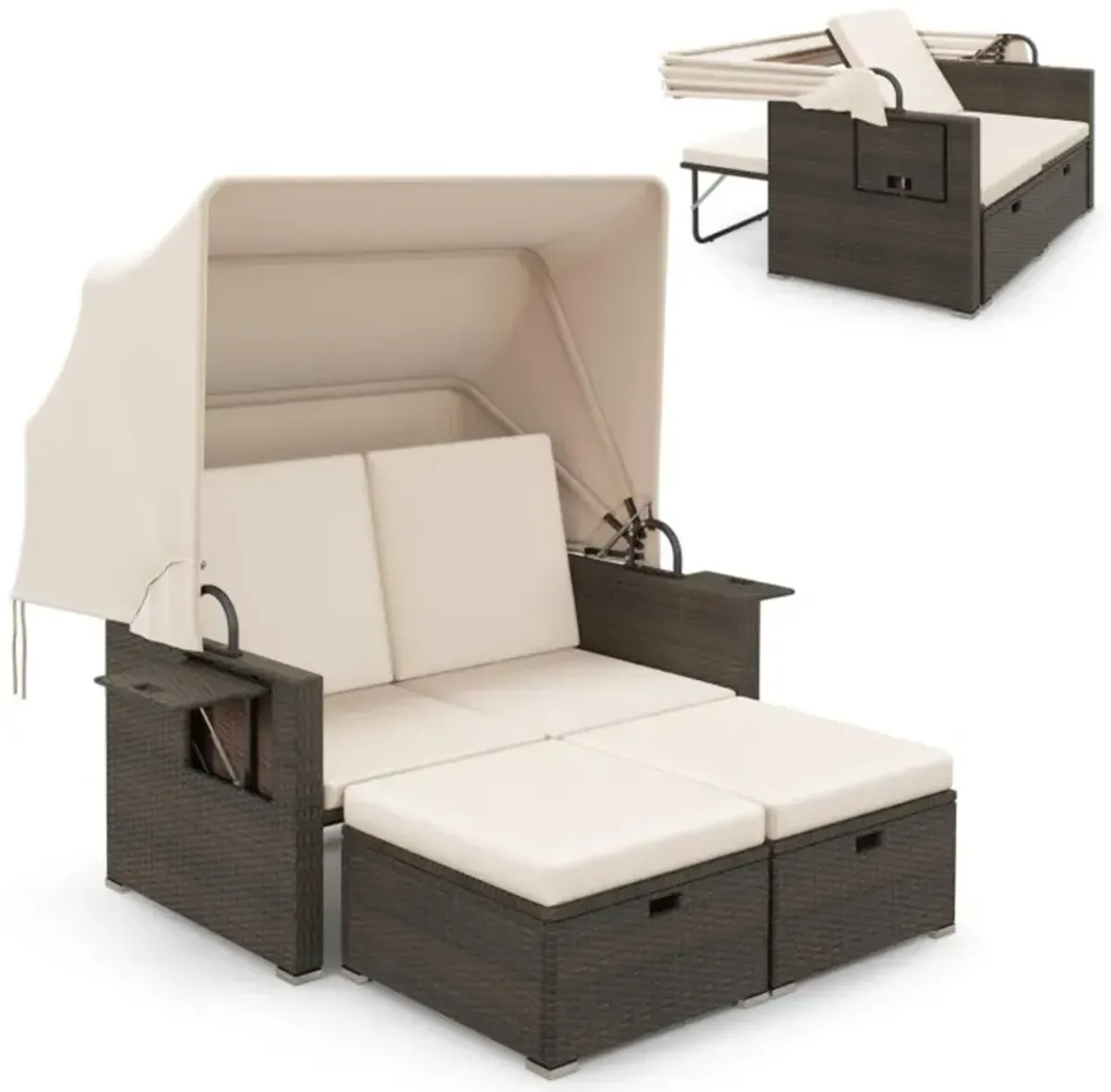 Hivvago Outdoor Patio Rattan Daybed with Retractable Canopy and Adjustable Backrests