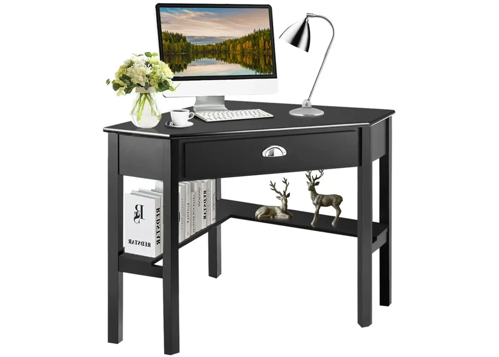 Costway Triangle Computer Desk Corner Office Desk Laptop Table w/ Drawer Shelves Rustic Black