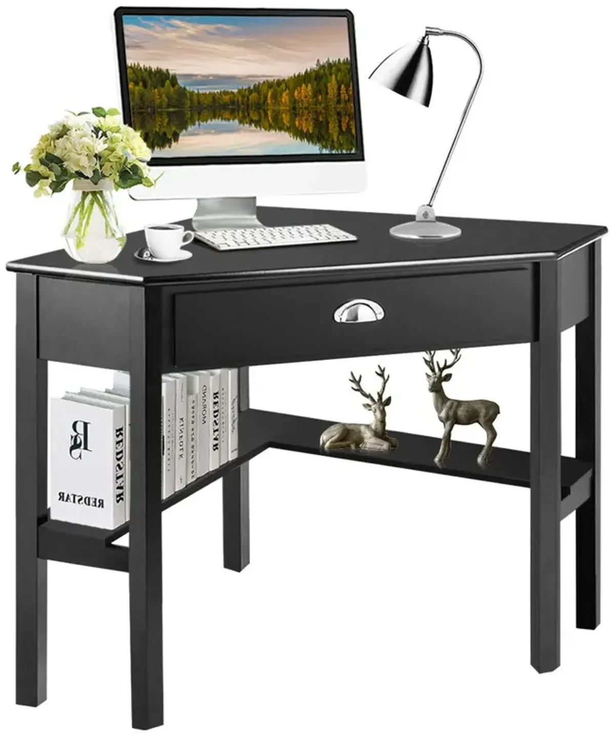 Costway Triangle Computer Desk Corner Office Desk Laptop Table w/ Drawer Shelves Rustic Black