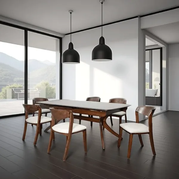 Viki 7pc Dining Table Set, Extendable, Ivory Fabric Chairs, Brown Wood - Benzara