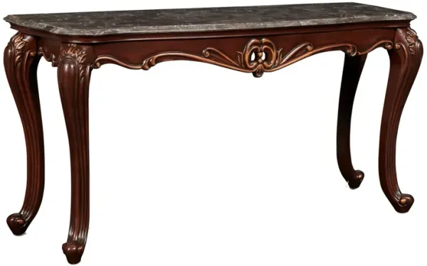 Wooden Console Table with Marble Top and Carved Details, Gray and Brown-Benzara