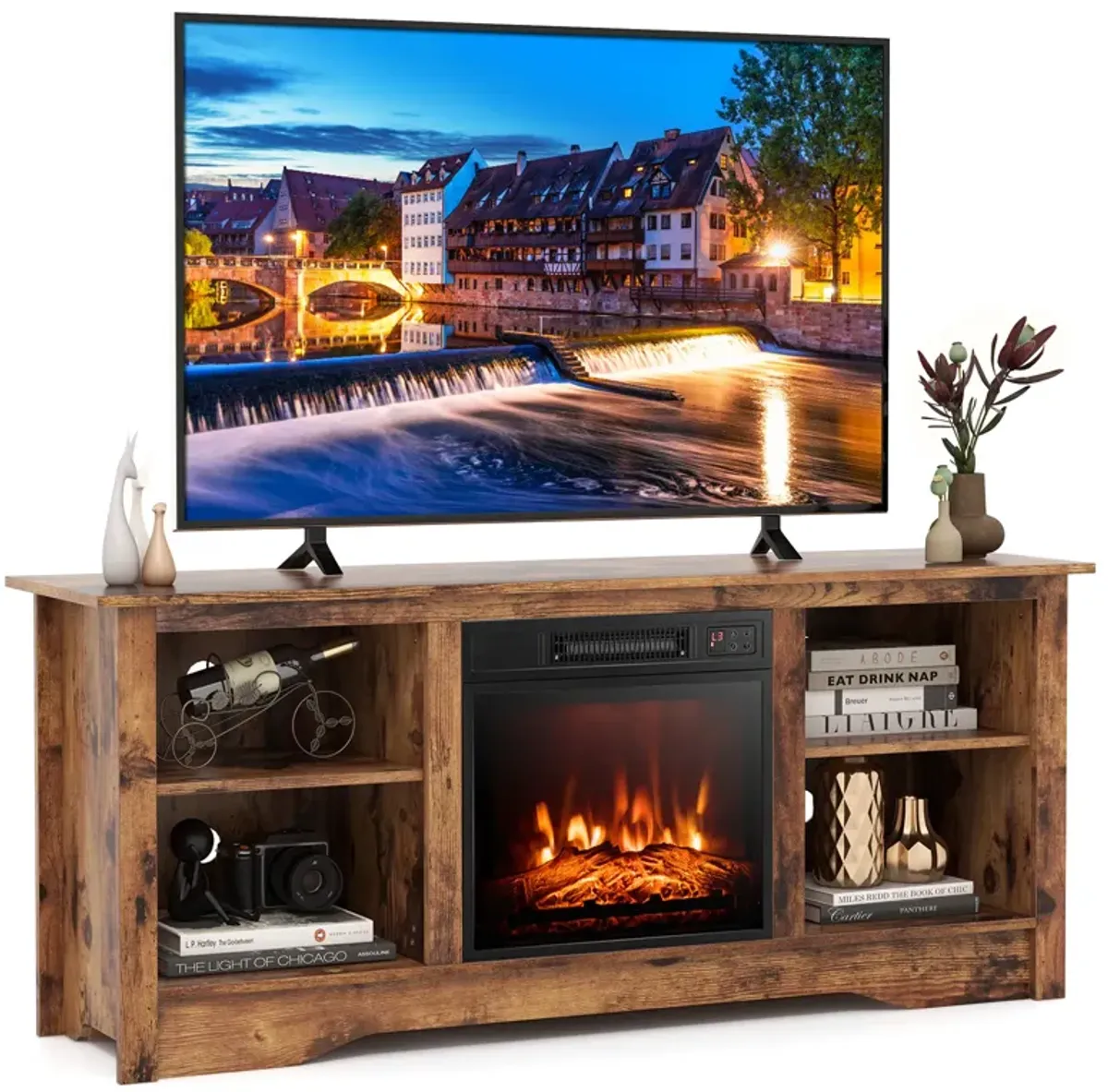 TV Stand for up to 65 Inch Flat Screen TVs with Adjustable Shelves for 18 Inch Electric Fireplace