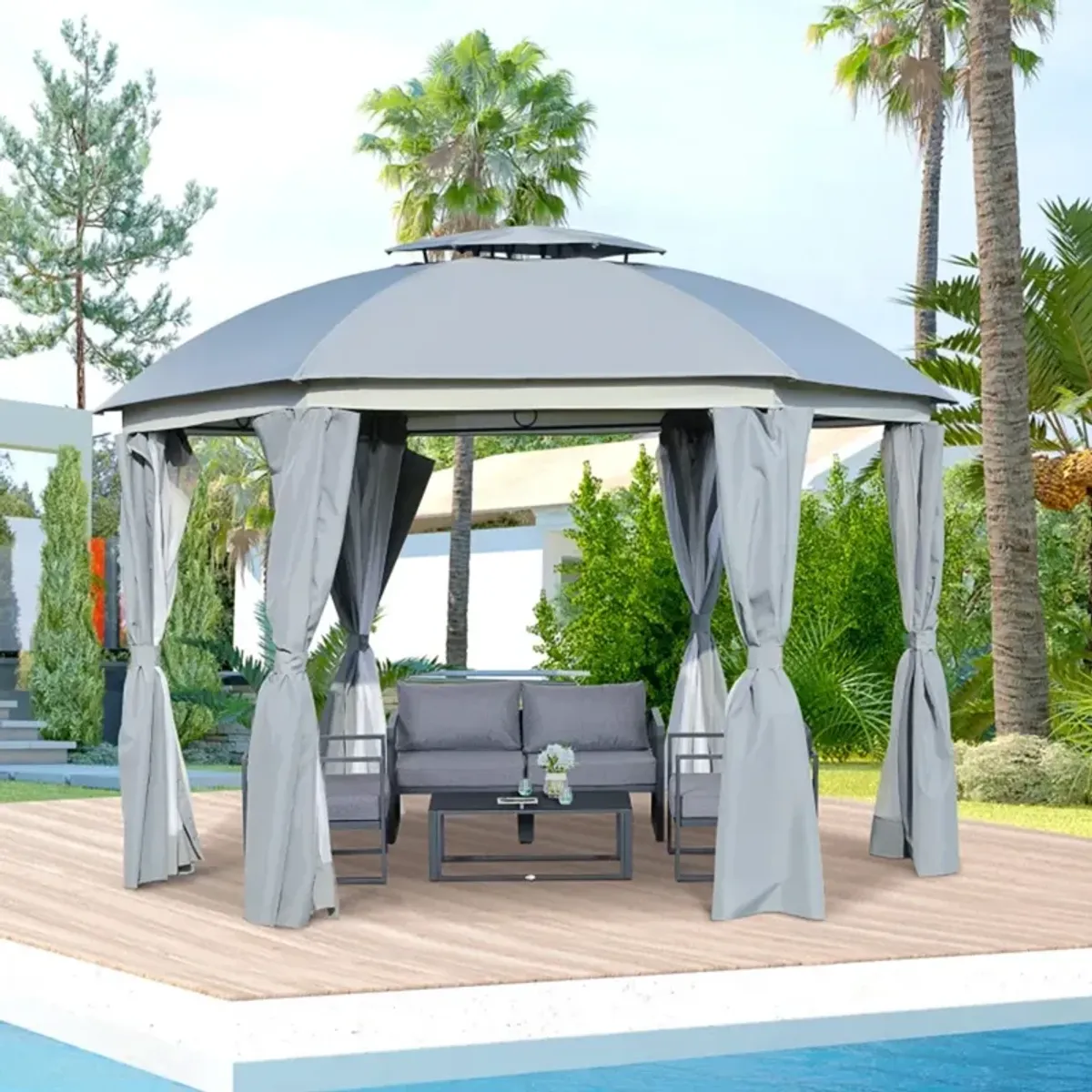 Round Outdoor Gazebo with Double Roof, Patio Dome Canopy Shelter with Netting Sidewalls and Zippered Doors