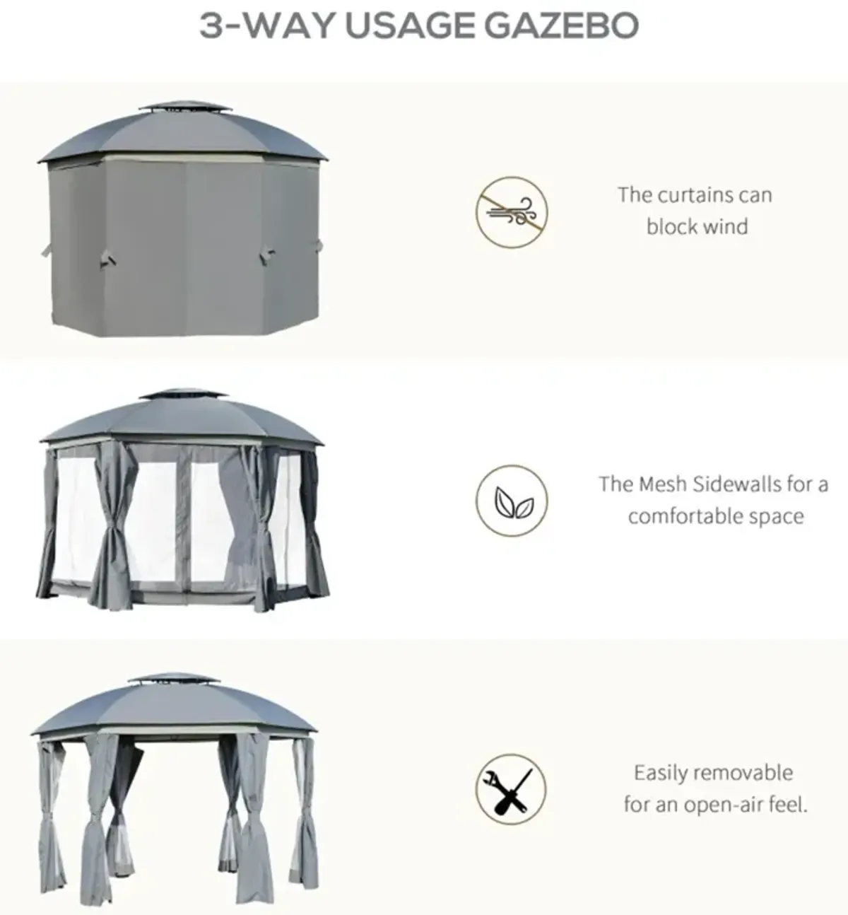 Round Outdoor Gazebo with Double Roof, Patio Dome Canopy Shelter with Netting Sidewalls and Zippered Doors