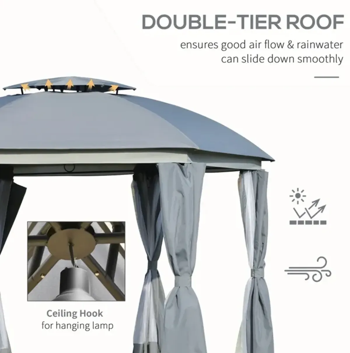 Round Outdoor Gazebo with Double Roof, Patio Dome Canopy Shelter with Netting Sidewalls and Zippered Doors