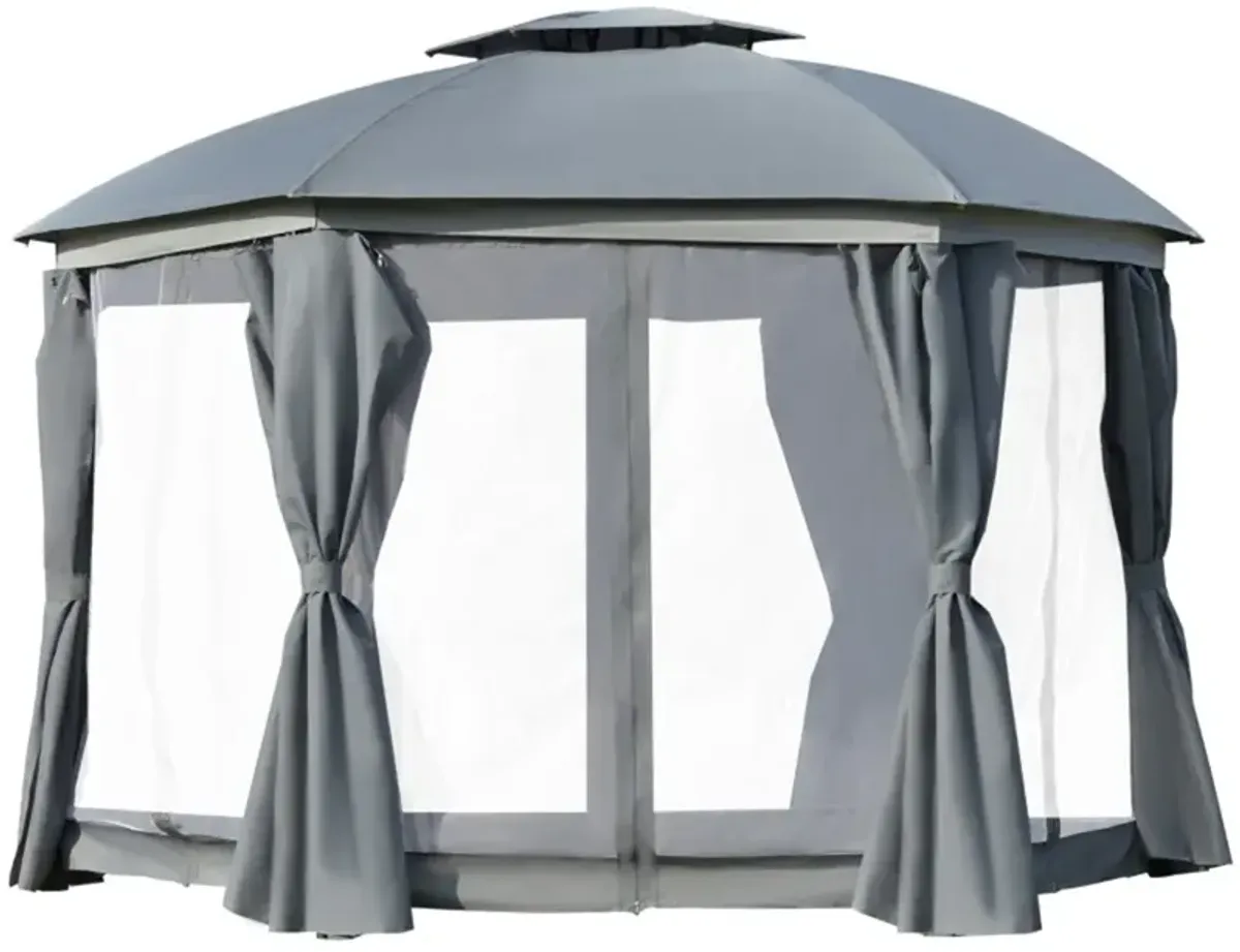 Round Outdoor Gazebo with Double Roof, Patio Dome Canopy Shelter with Netting Sidewalls and Zippered Doors