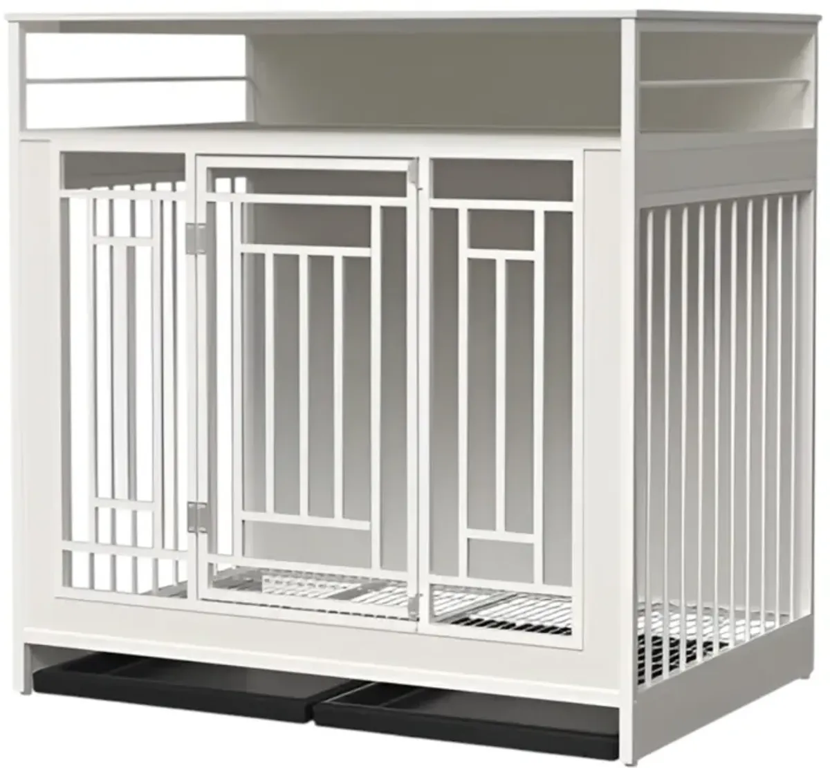 Wooden Dog Cage Furniture for Large Dogs with Divider, Double Doors, and Storage Shelf