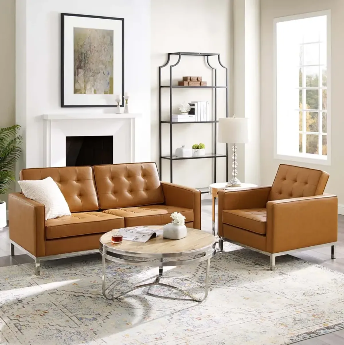 Loft Tufted Upholstered Faux Leather Loveseat and Armchair Set