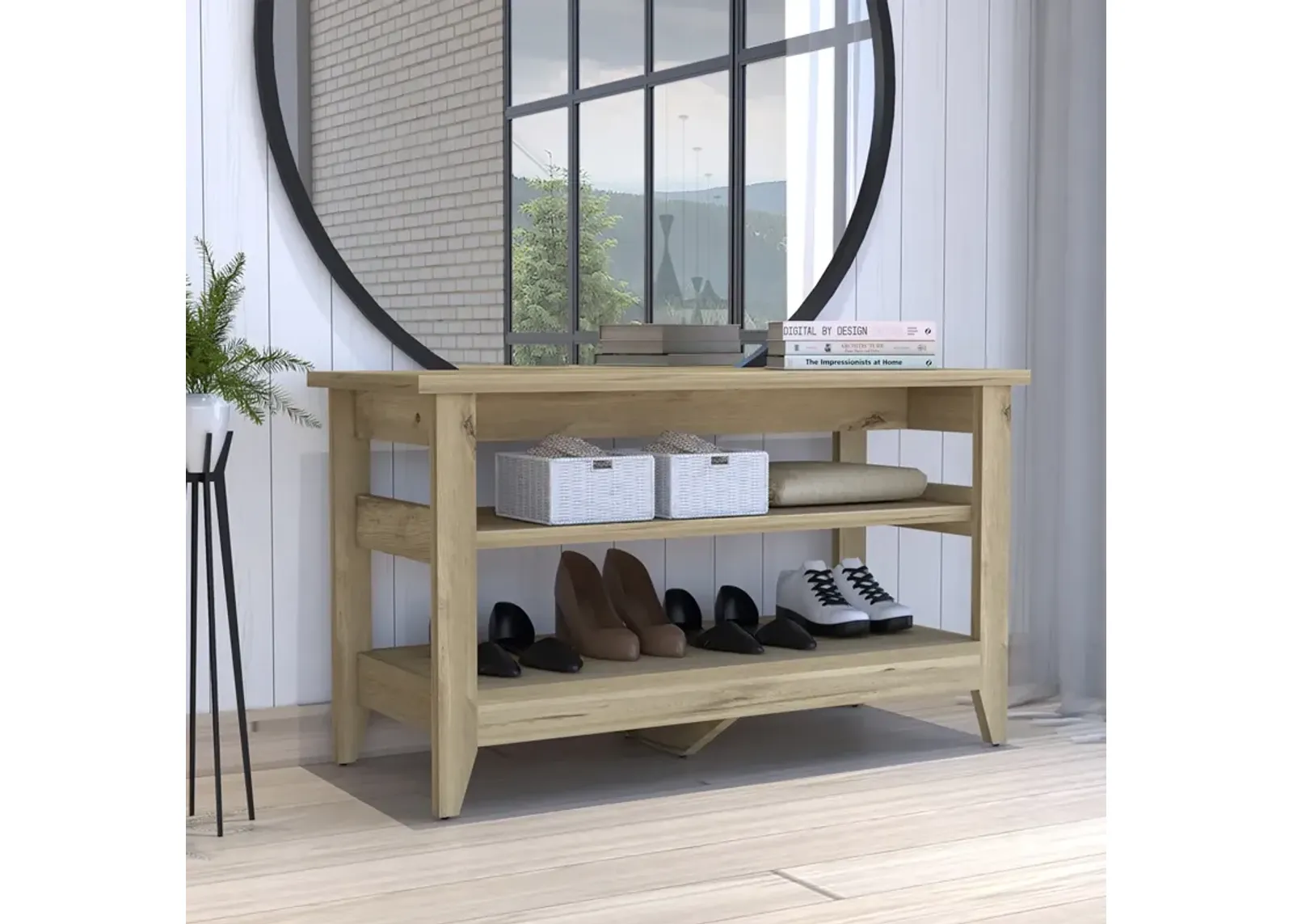 Misuri Storage Bench, Four Legs, Two Open Shelves - Light Oak