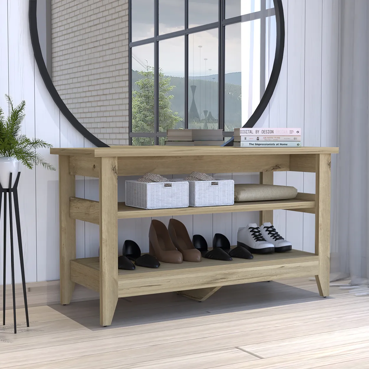 Misuri Storage Bench, Four Legs, Two Open Shelves - Light Oak