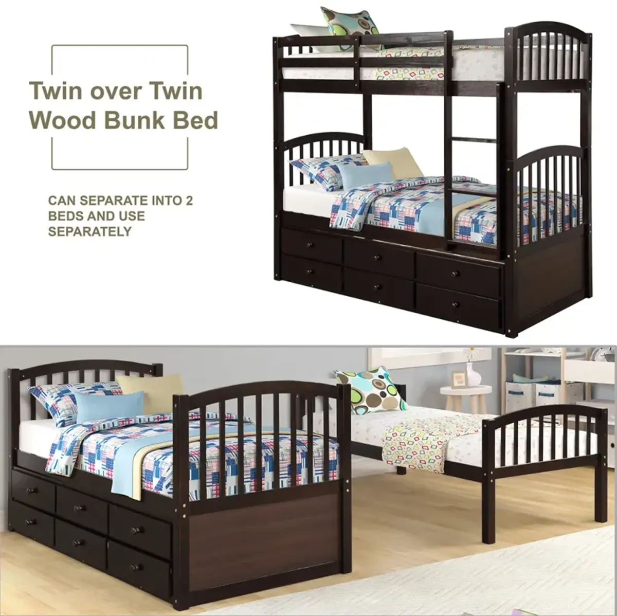 Twin Bunk Bed With Ladder, Safety Rail, Twin Trundle Bed With 3 Drawers For Teens Bedroom