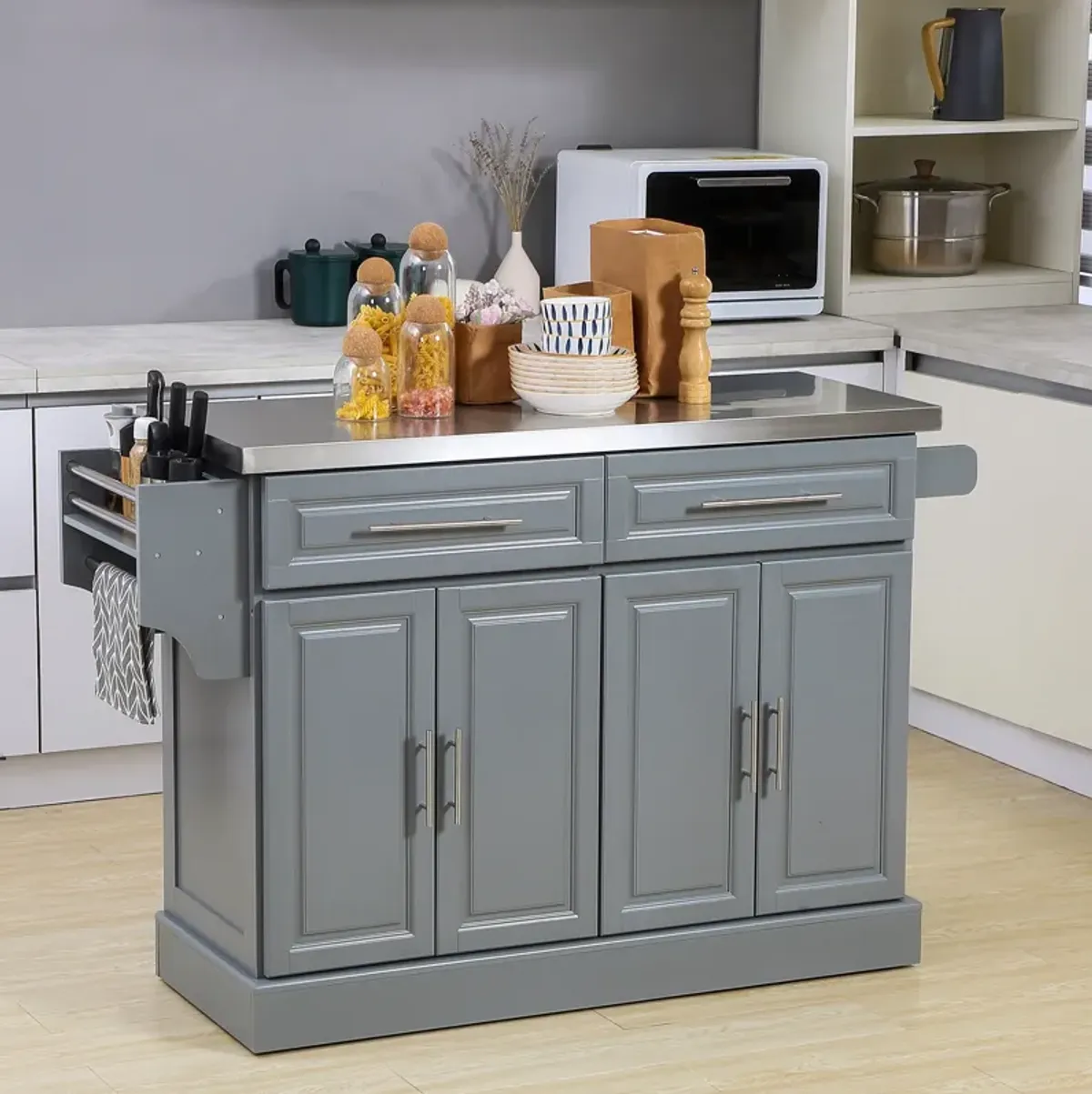 Gray Mobile Kitchen Aid: Stainless Top Cart with Drawers & Cabinets