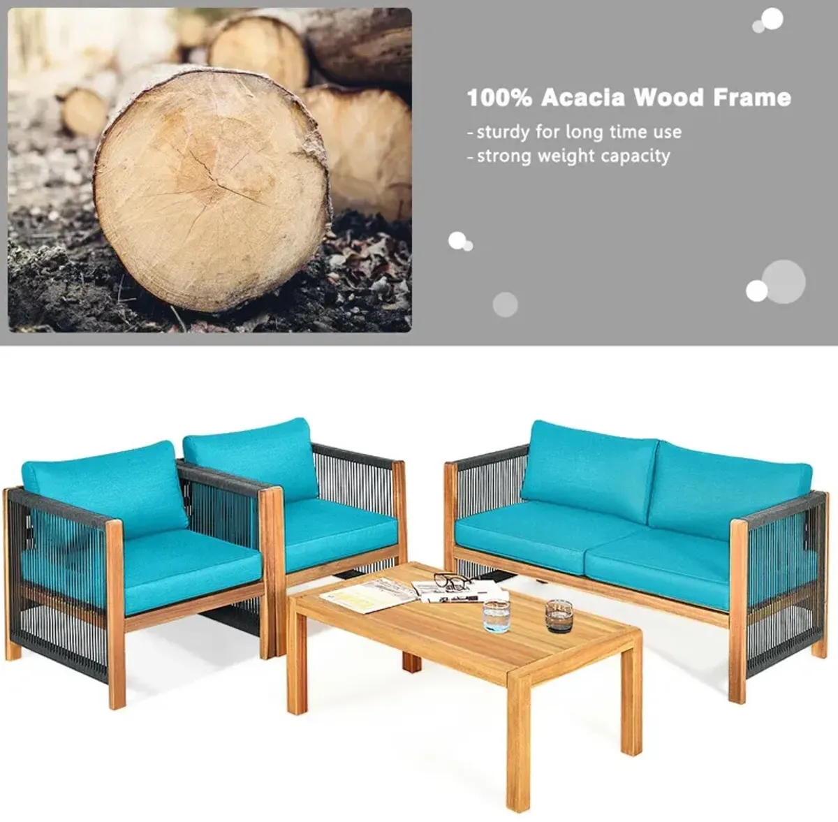 4 Pieces Acacia Wood Outdoor Patio Furniture Set with Cushions