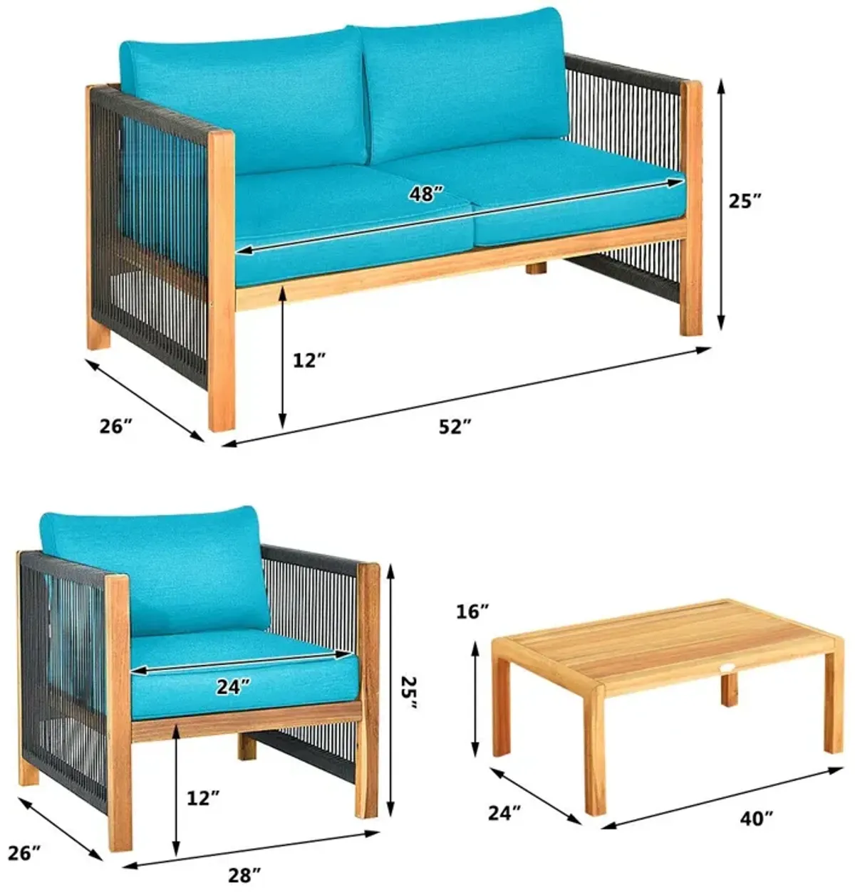 4 Pieces Acacia Wood Outdoor Patio Furniture Set with Cushions