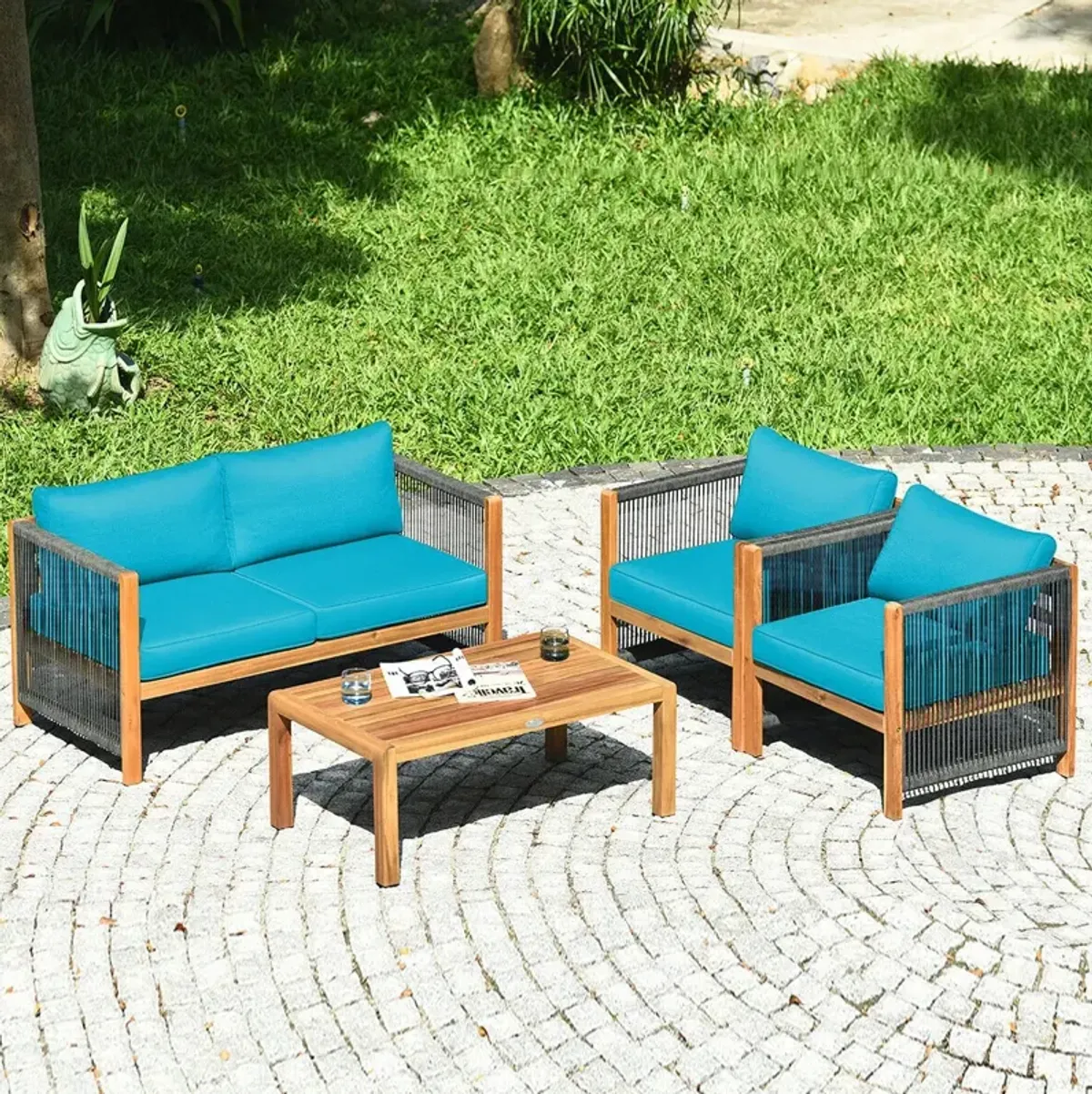 4 Pieces Acacia Wood Outdoor Patio Furniture Set with Cushions