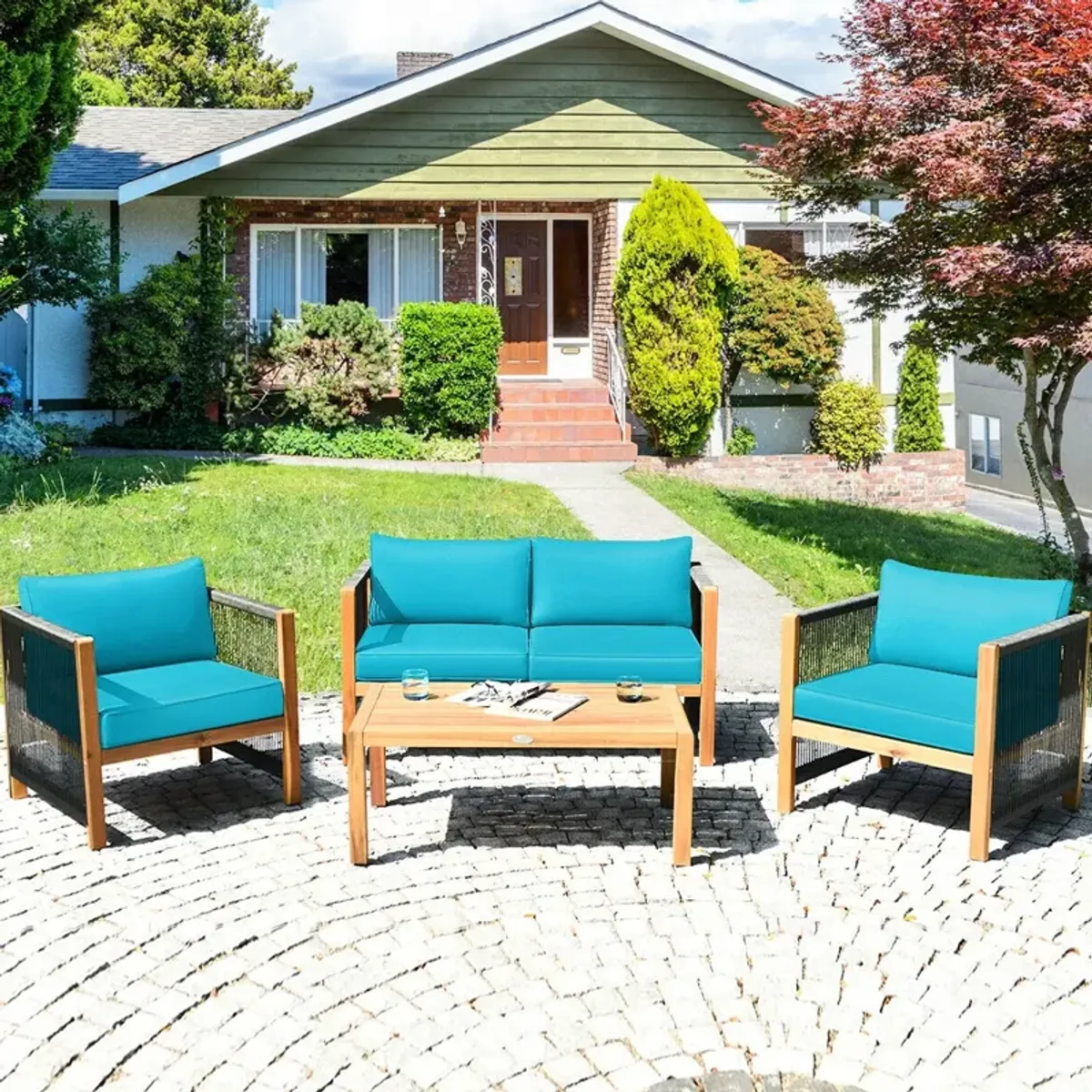 4 Pieces Acacia Wood Outdoor Patio Furniture Set with Cushions