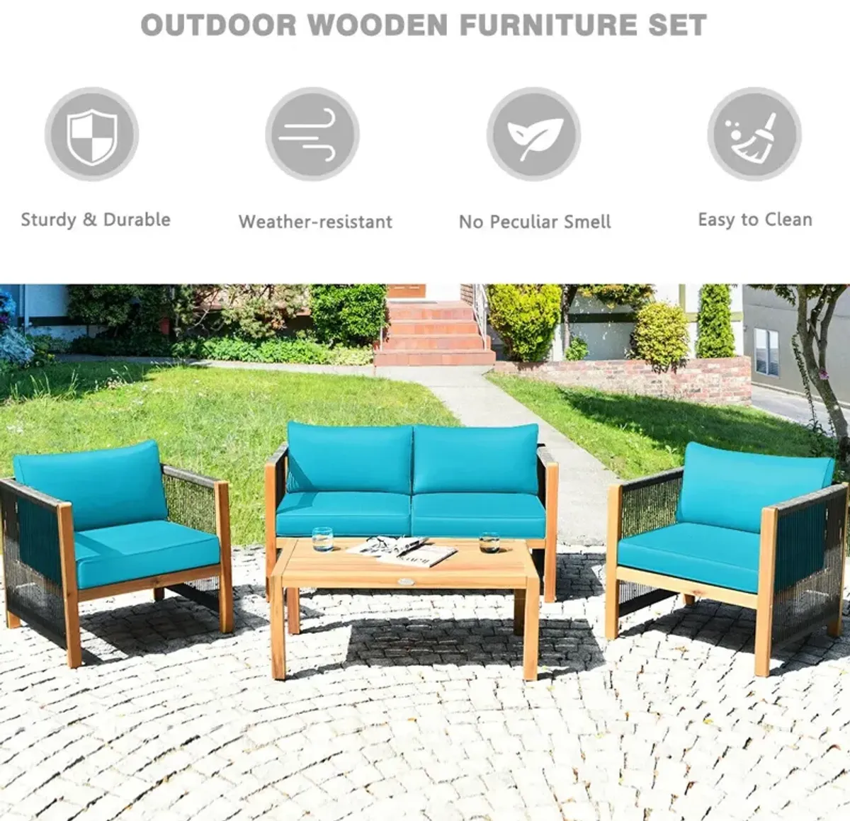 4 Pieces Acacia Wood Outdoor Patio Furniture Set with Cushions