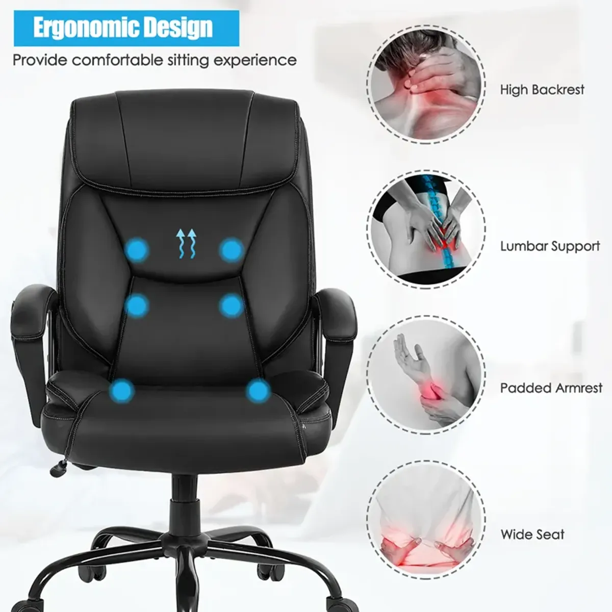 Costway Big & Tall 500lb Massage Office Chair E xecutive PU Leather Computer Desk Chair