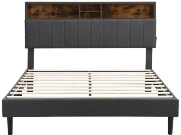 Upholstered Platform Bed with Storage Headboard and USB Charging