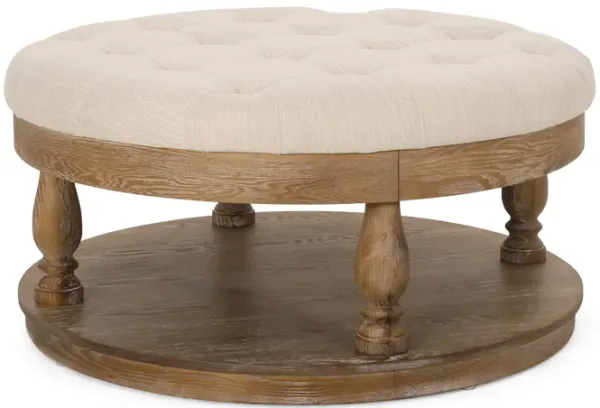 Sanya Ottoman Table, Beige Fabric, Brown Wood Frame, Round 40 Inch -Benzara