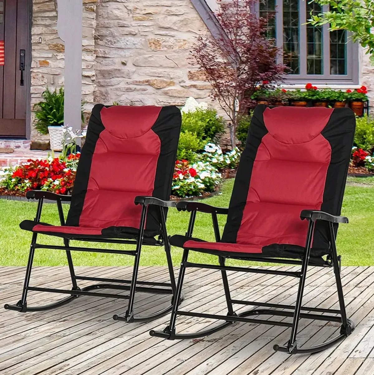 Red/Black Porch Duo: 2-Piece Padded Rocking Chair Set