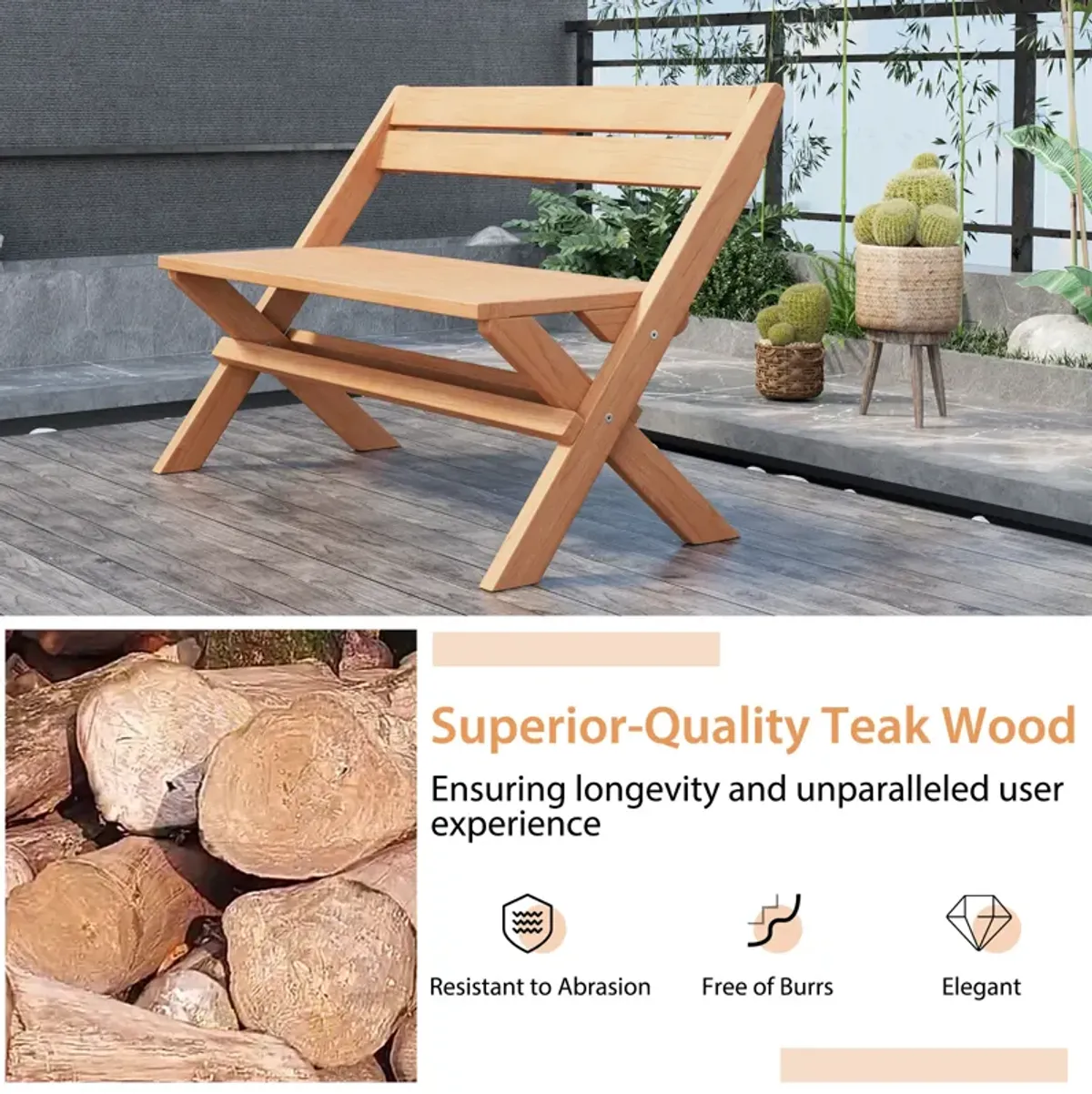 2-Person Teak Wood Folding Outdoor Benches with Slatted Seat