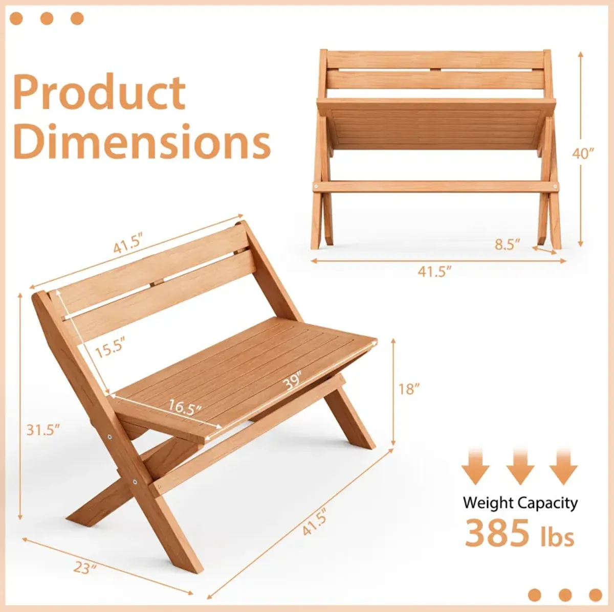 2-Person Teak Wood Folding Outdoor Benches with Slatted Seat