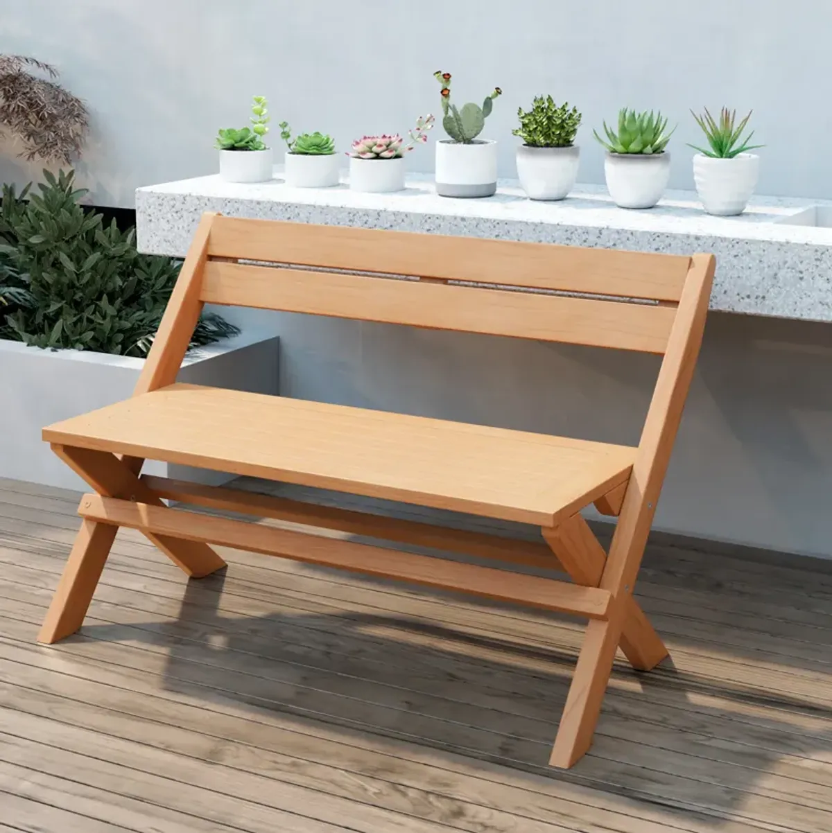 2-Person Teak Wood Folding Outdoor Benches with Slatted Seat