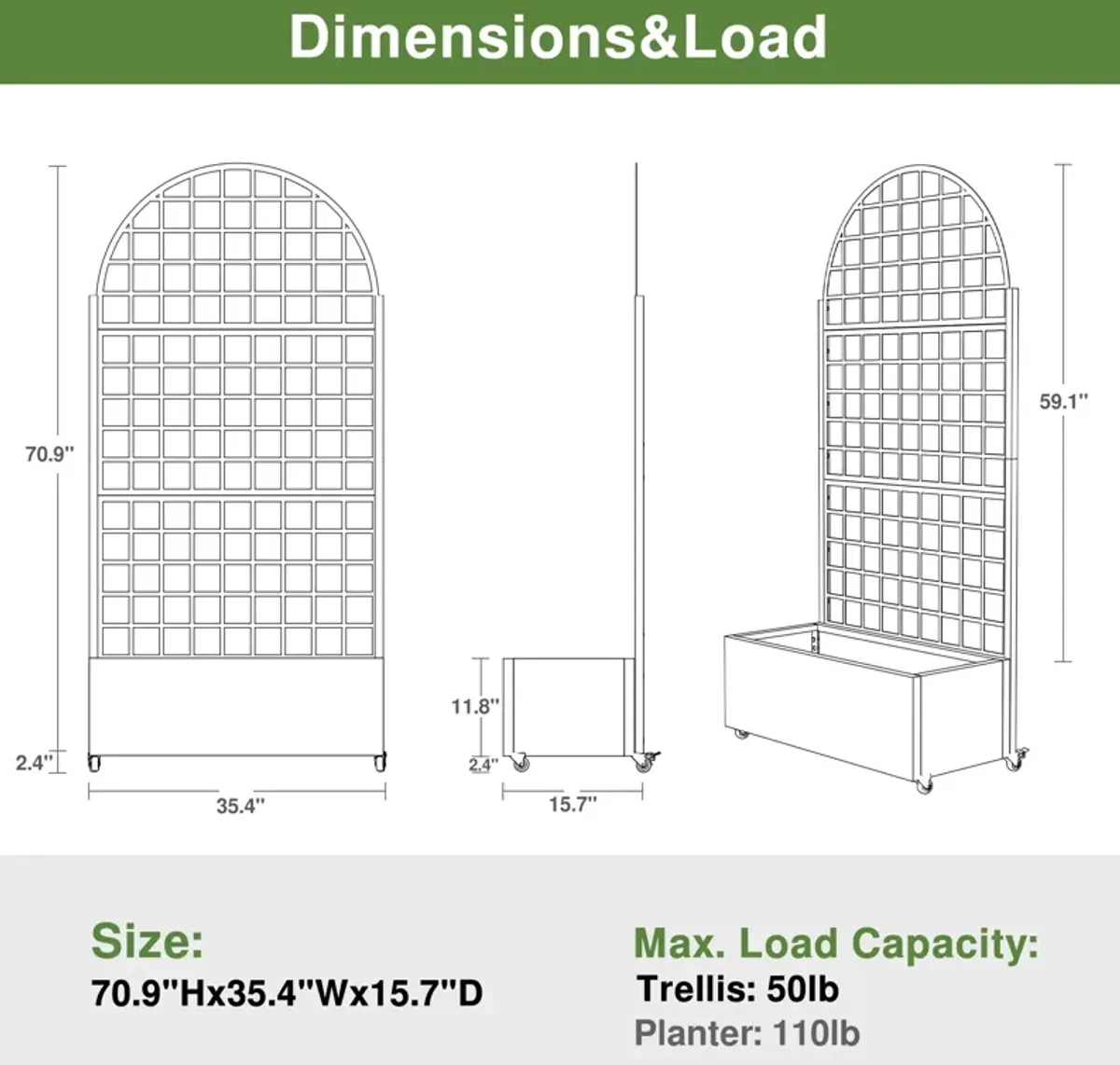 71*35.5 Archerd Metal Planter Box with Trellis