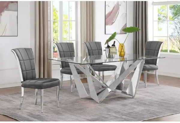 5pc Small(78") glass dining set with silver base and 4 Dark grey side chairs
