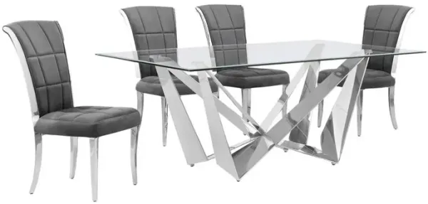 5pc Small(78") glass dining set with silver base and 4 Dark grey side chairs